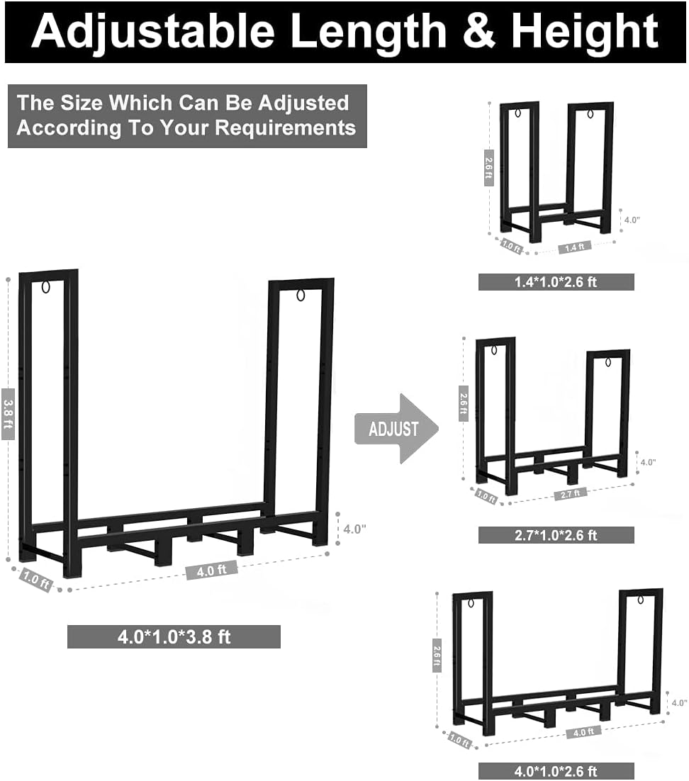 Koutemie 4Ft Outdoor Firewood Rack Holder for Fireplace Wood Storage, Adjusta...