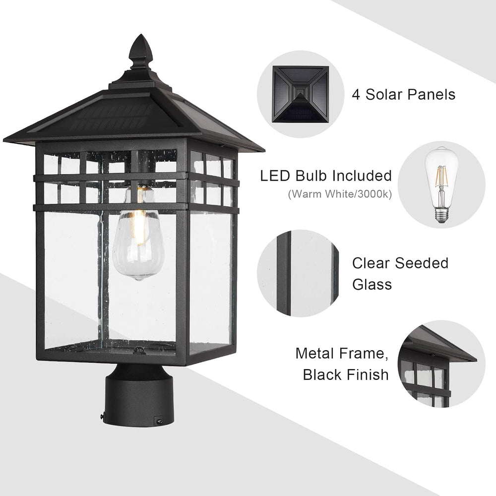 Solar Outdoor Post Lantern Light, Modern Exterior Pillar Lighting with Black ...