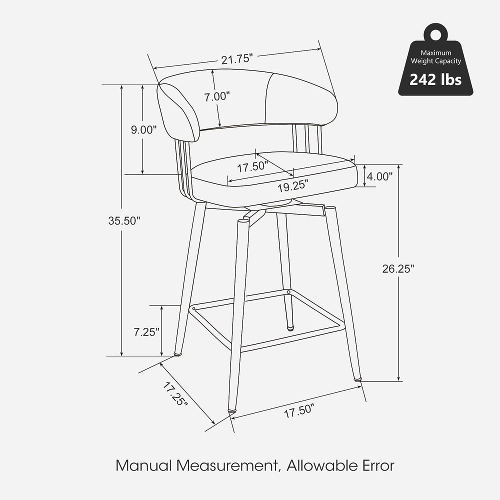 Glitzhome Swivel Counter Height Bar Stools Set of 2, 26.25”H Upholstered Fabr...