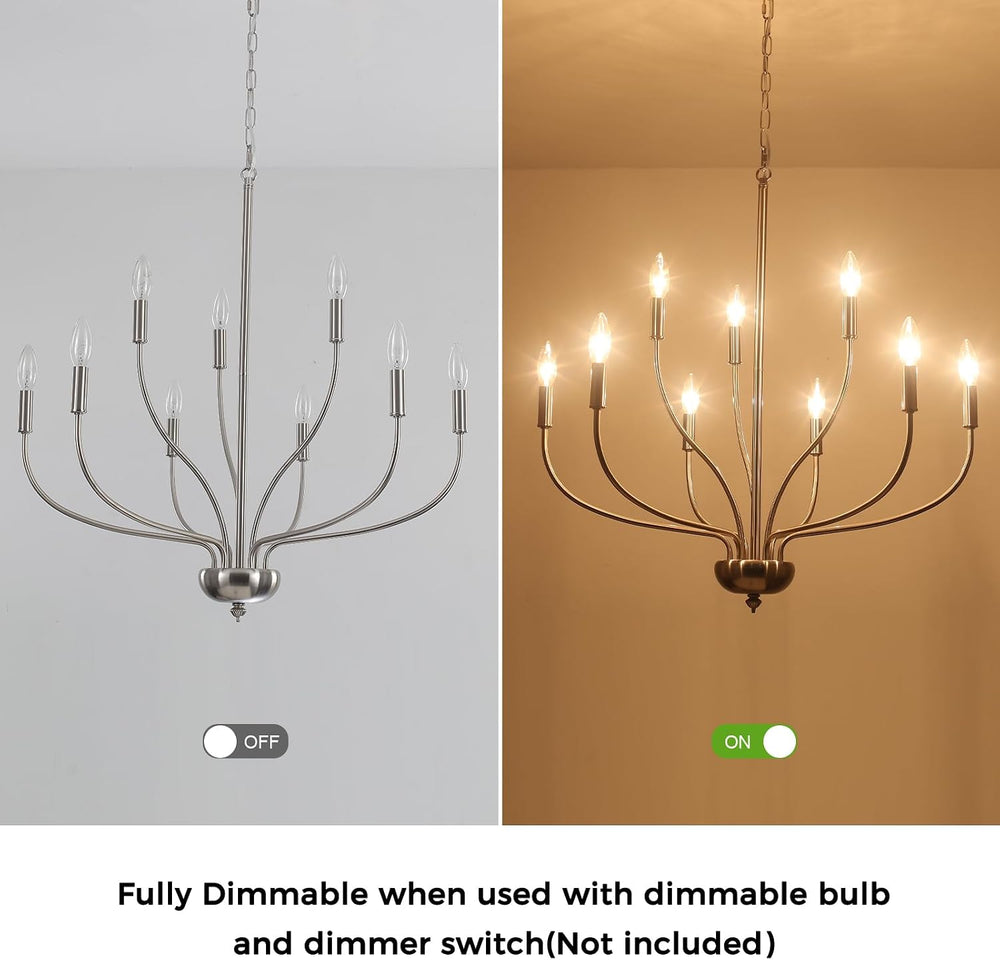 Brushed Nickel Chandelier, 9-Light Farmhouse Chandelier for Dining Room Light...