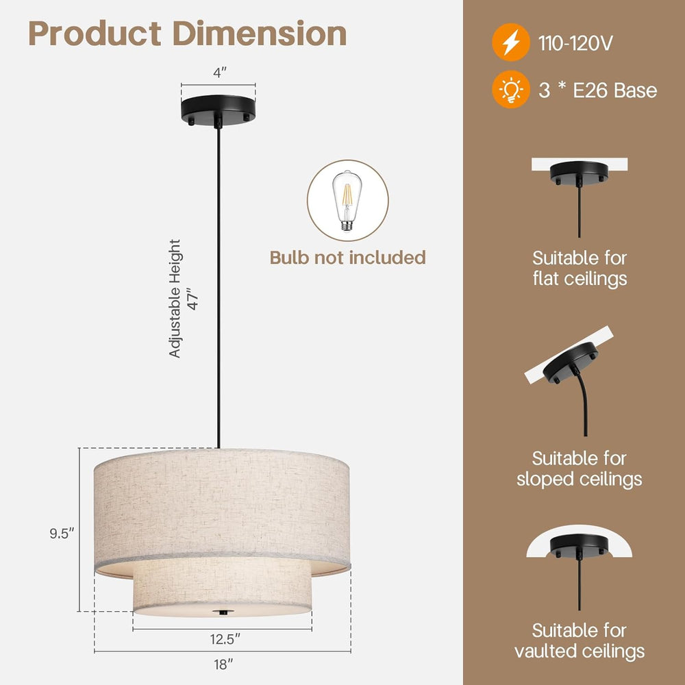 18" Modern Double Drum Fabric Pendant Light, Large Hanging Ceiling Chand...