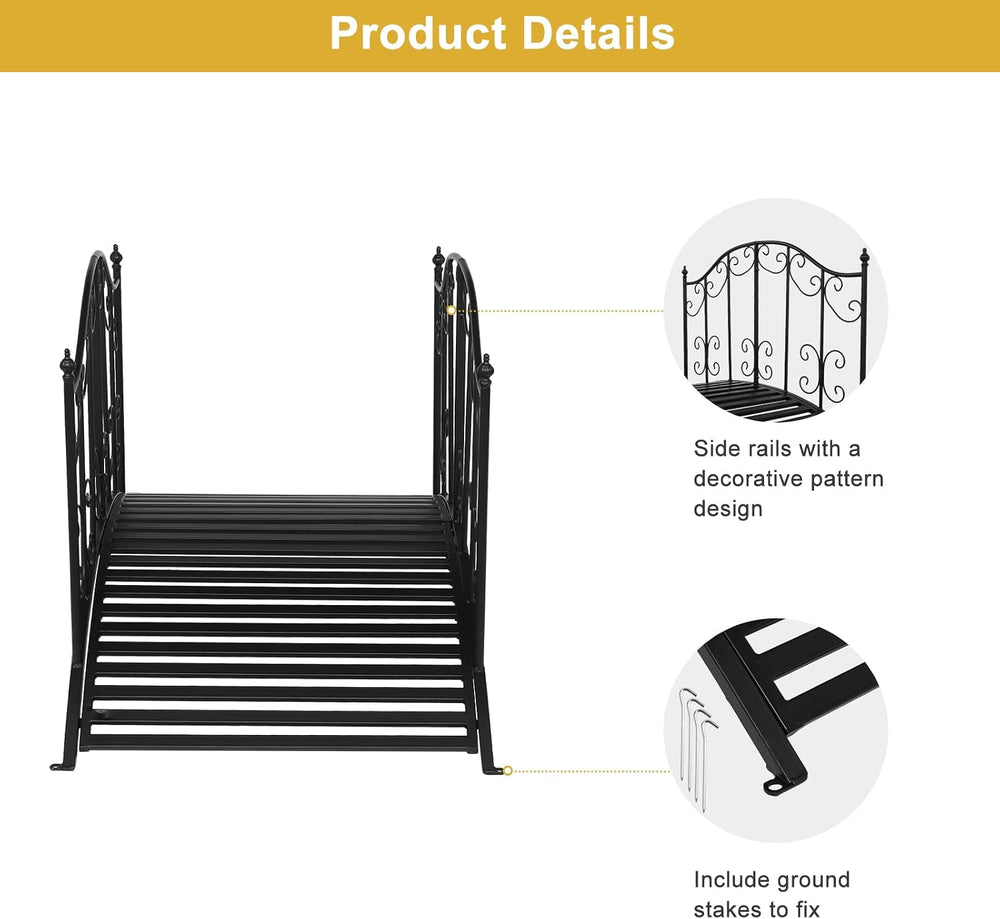 VINGLI Garden Bridge Metal Yard Arch Path Bridge with Patterned Guardrails, O...