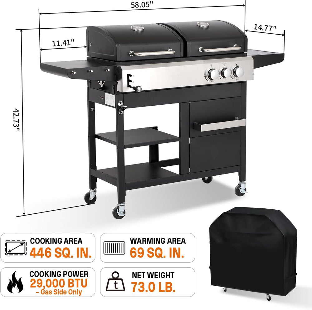 Gas & Charcoal Combo Grill, 2-in-1 Dual Fuel, Side Burner