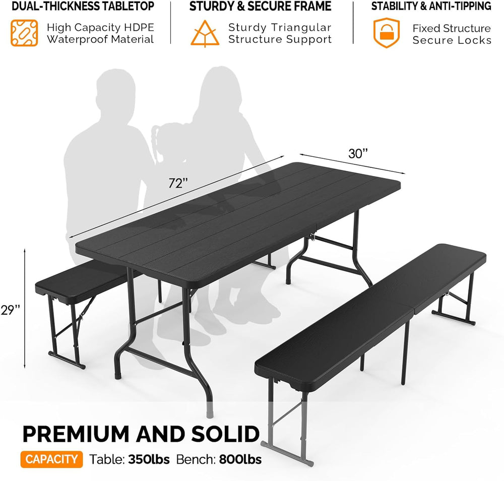 Bonnlo Black Folding Picnic Table Set with 2 Benches, 6 Feet Camping Table Ch...