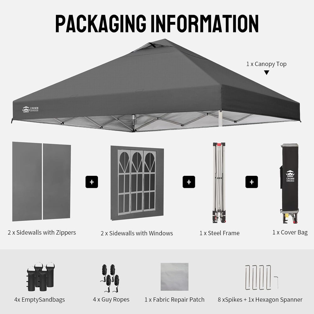 CROWN SHADES 10X10 Pop Up Canopy Tent with Sidewalls, One-Push Setup, Gray