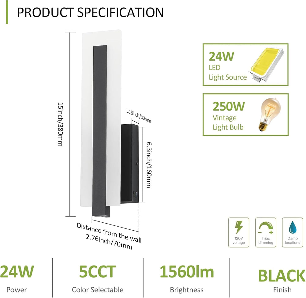 Tipace Hardwired Black Dimmable Modern LED Wall Sconce 3000K 3500K 4000K 5000...