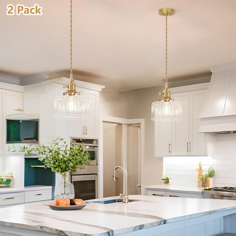 Glass Pendant Light 2 Pack Vintage Brass Hanging Lamp Farmhouse Rustic Indust...