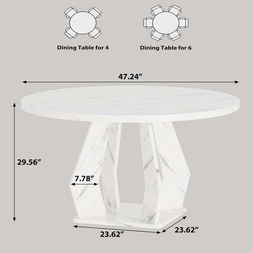 IBF White Marble Round Dining Table, Modern Wood Dinner Tables, 47 Inch