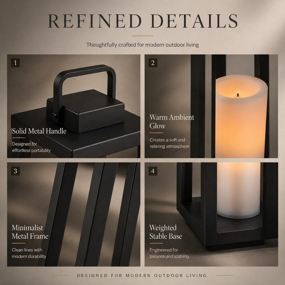 H16 Modern Outdoor Solar Lantern Black Metal Frame with Flickering LED Candle...
