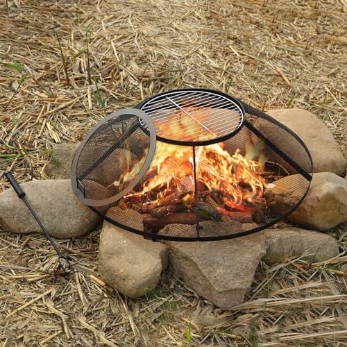 REDCAMP Fire Pit Spark Screen 36 Inch Round with Removable Lid, Outdoor Heavy Duty Fire Pit Screen Mesh Firepit Screen Cover with Handle & Poker for Patio Backyard Beach