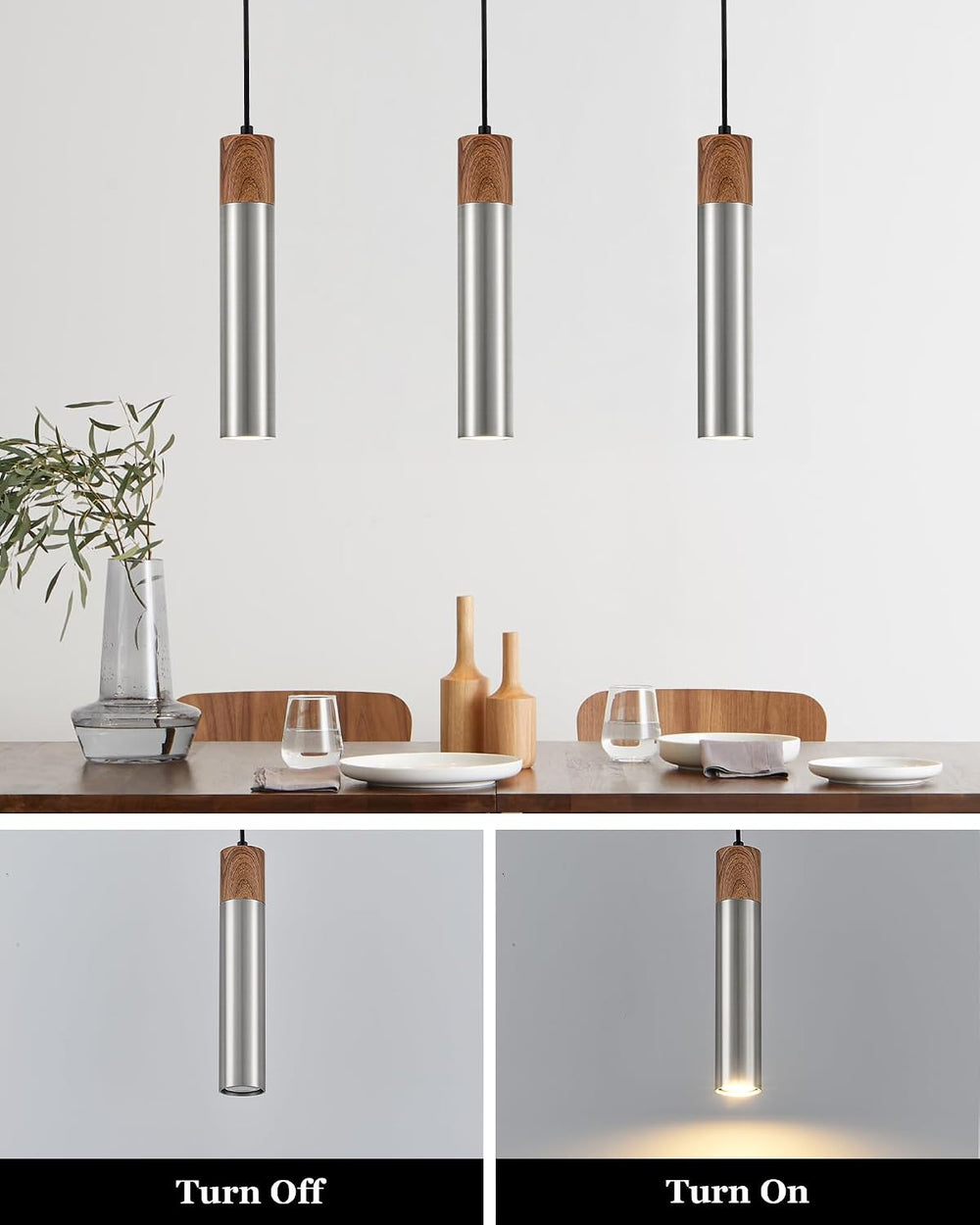 ELYONA Modern Pendant Light for Kitchen Island, Brown Wood Grain & Brushe...