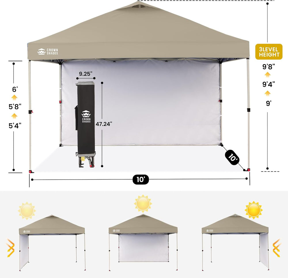 CROWN SHADES 10x10 Pop Up Canopy with 1 Side Wall, Beach Canopy Tent, Beige
