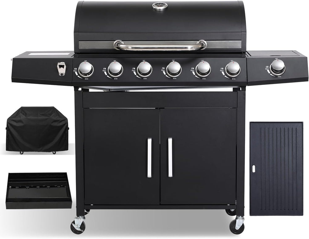 6-Burner Gas Grill with Side Burner, Griddle Combo, 69K BTU
