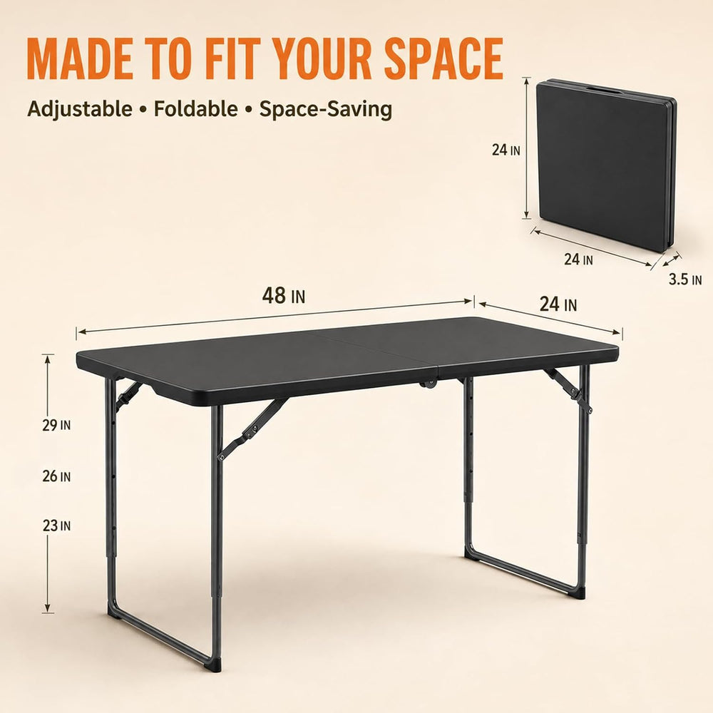 4FT Folding Table 3 Levels Adjustable Height, Heavy Duty Fold-in-Half Portabl...