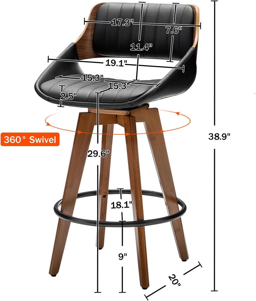 LUNLING Swivel Bar Stools,Mid Century Modern Black Faux Leather Upholstered C...