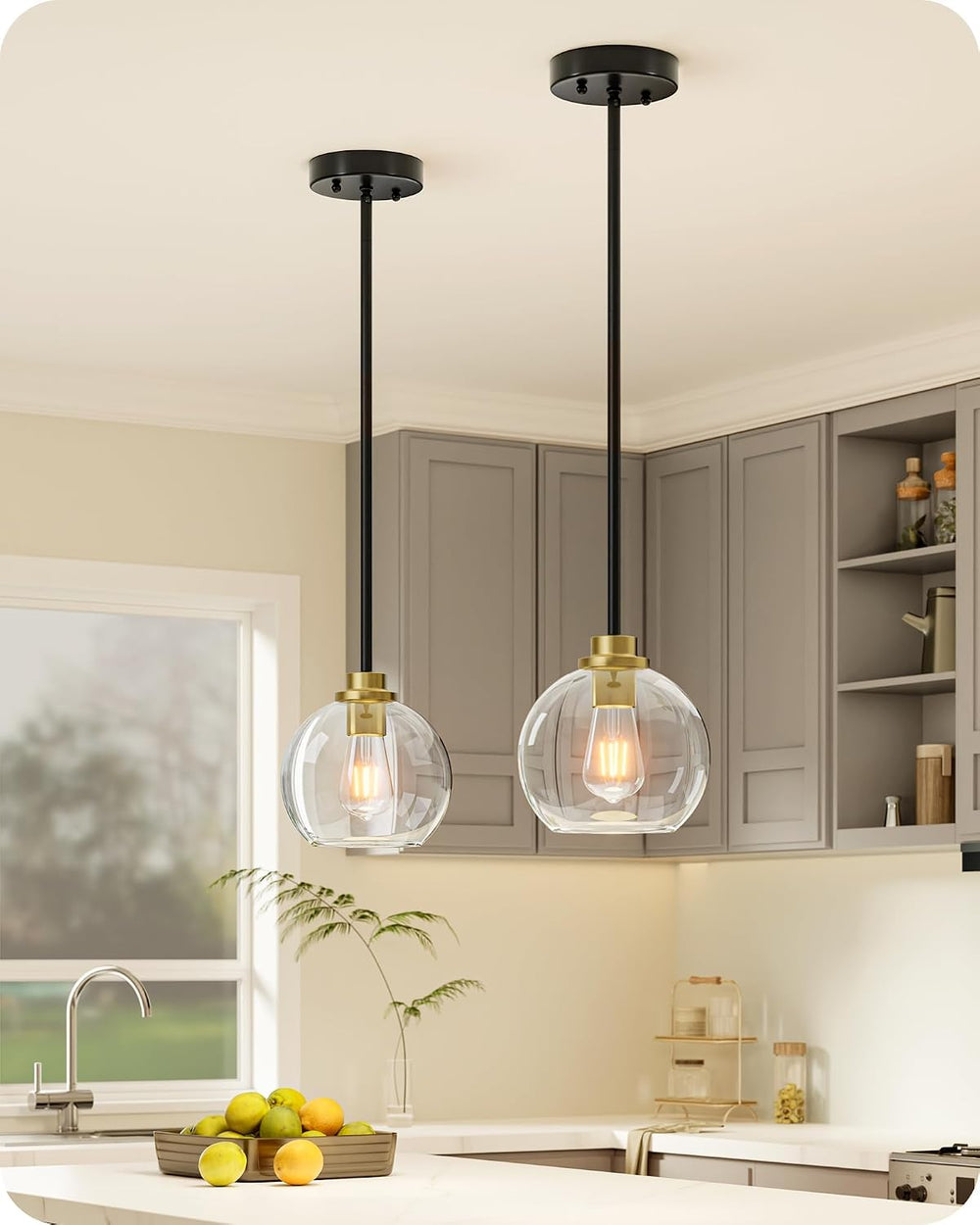 EDISHINE Pendant Lights 2-Pack Kitchen Island Black Gold Glass Adjustable