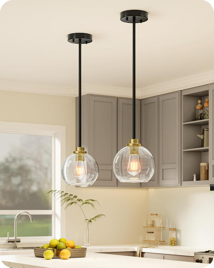 EDISHINE Pendant Lights 2-Pack Kitchen Island Black Gold Glass Adjustable