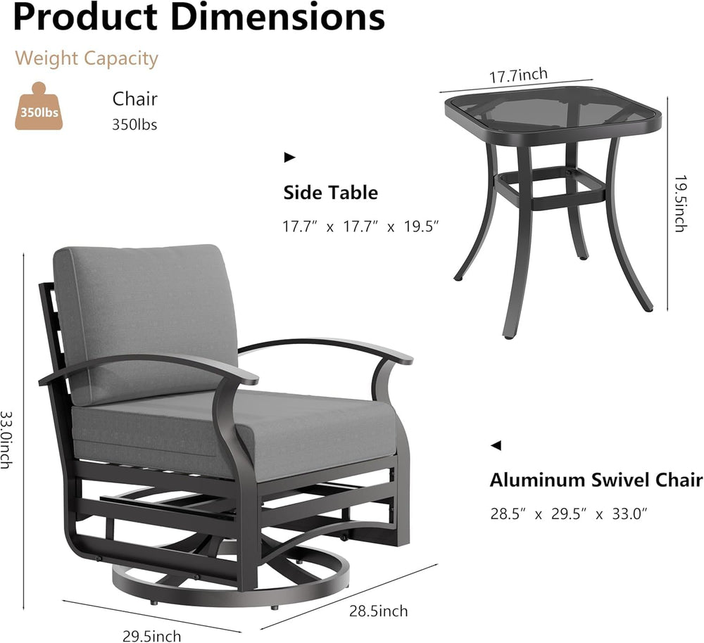 3 Piece Aluminum Swivel Rocking Chair Set, Outdoor Patio Swivel Gliders Chair...