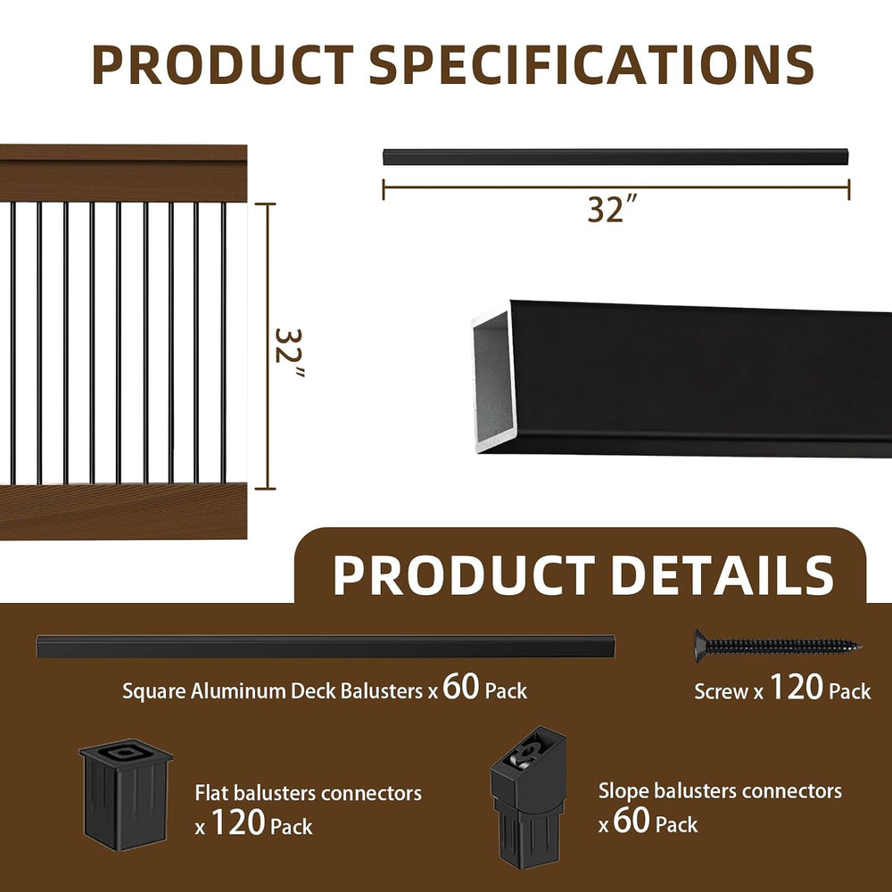60 Pack 32" Black Square Deck Balusters, Aluminum Deck Spindles with Fla...