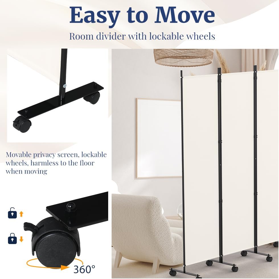 Kokorona 6 Panel Room Divider, 6FT Tall Rolling Privacy Screen with Lockable ...