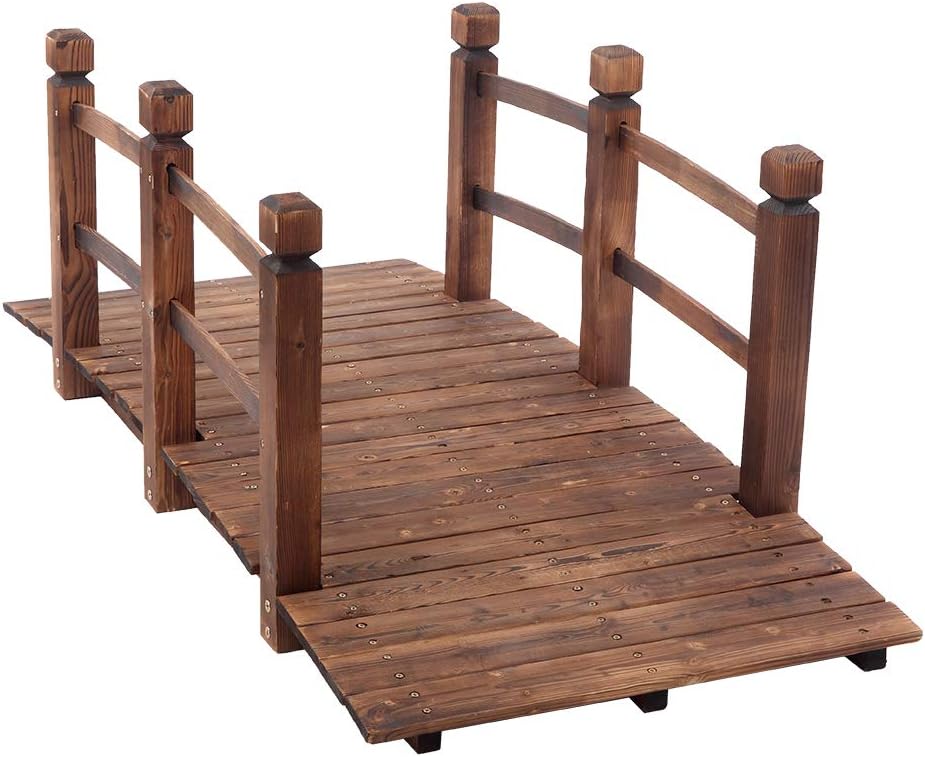 Outvita 5FT Stained Wooden Garden Footbridge with Safety Railings