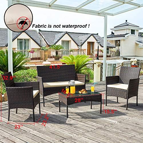 FDW 4-Piece Patio Furniture Set | Brown & Khaki | Outdoor Wicker Furniture