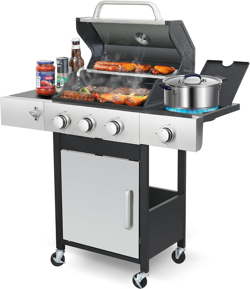 3-Burner Propane Gas Grill with Side Burner for Outdoor BBQ