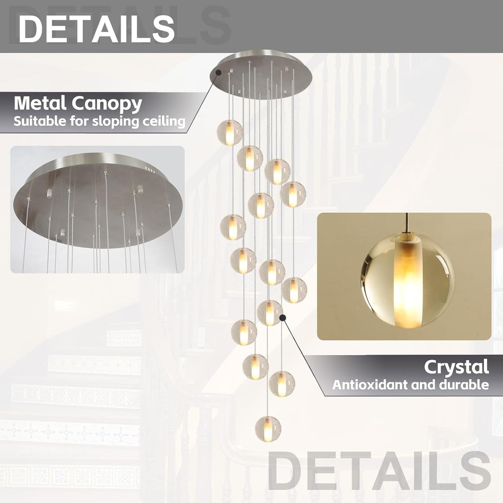 14 Lights Staircase Chandelier for High Ceiling, Dimmable Modern Crystal Rain...