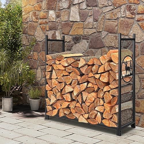 Goplus Firewood Rack Outdoor, 4 FT Metal Firewood Holder with Mesh Sides & Base, Decorative Deer Patterns, Indoor Log Storage Rack, Wood Rack for Fireplace, Fire Pit, Woodstove (48" x 15" x 46")