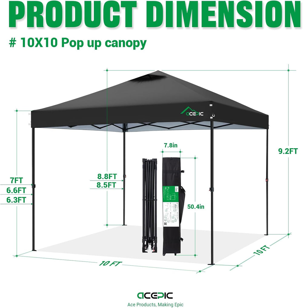 Acepic 10x10 Pop Up Canopy Tent, Easy Setup Portable Shelter, Black, 10*10