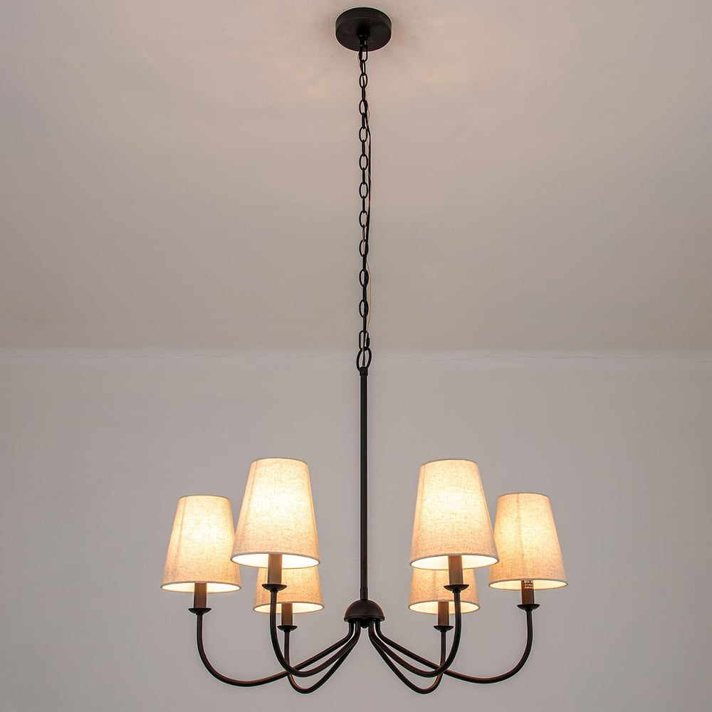 Chandelier, Matte Black with Linen Fabric Shade, 6-Light 28" Modern Farm...