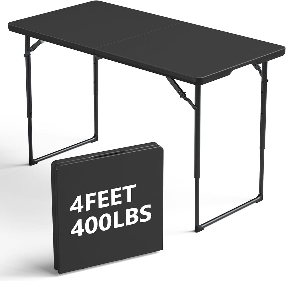 4FT Folding Table 3 Levels Adjustable Height, Heavy Duty Fold-in-Half Portabl...