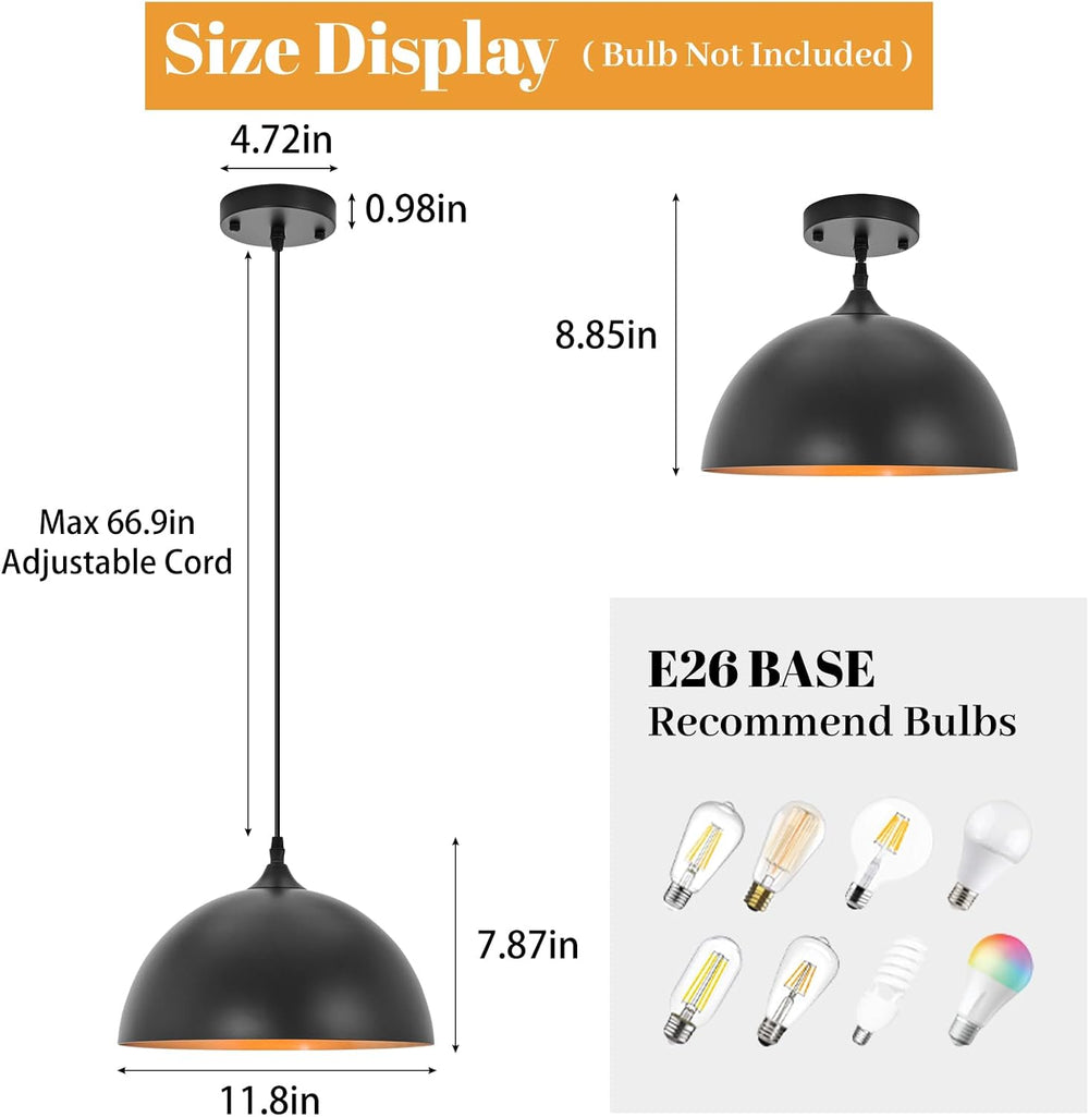 Industrial Pendant Light Fixtures,11.8" Black Dome Pendant Lights,Adjust...
