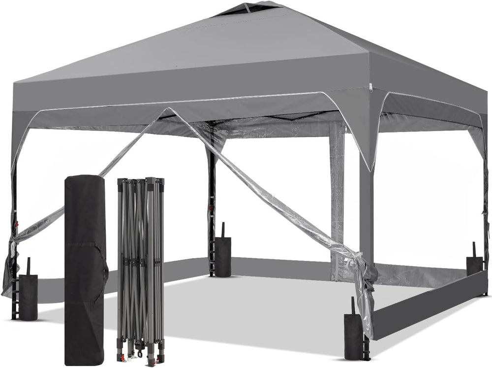 8x8FT 1-Button Push Pop Up Canopy Tent with 4 Clear PVC Sidewalls