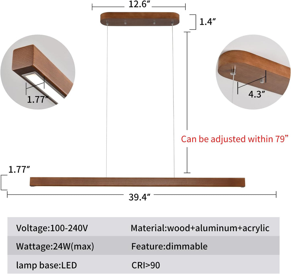 39 Inch Wood Linear Pendant Light Dimmable LED Kitchen Island Lighting with R...