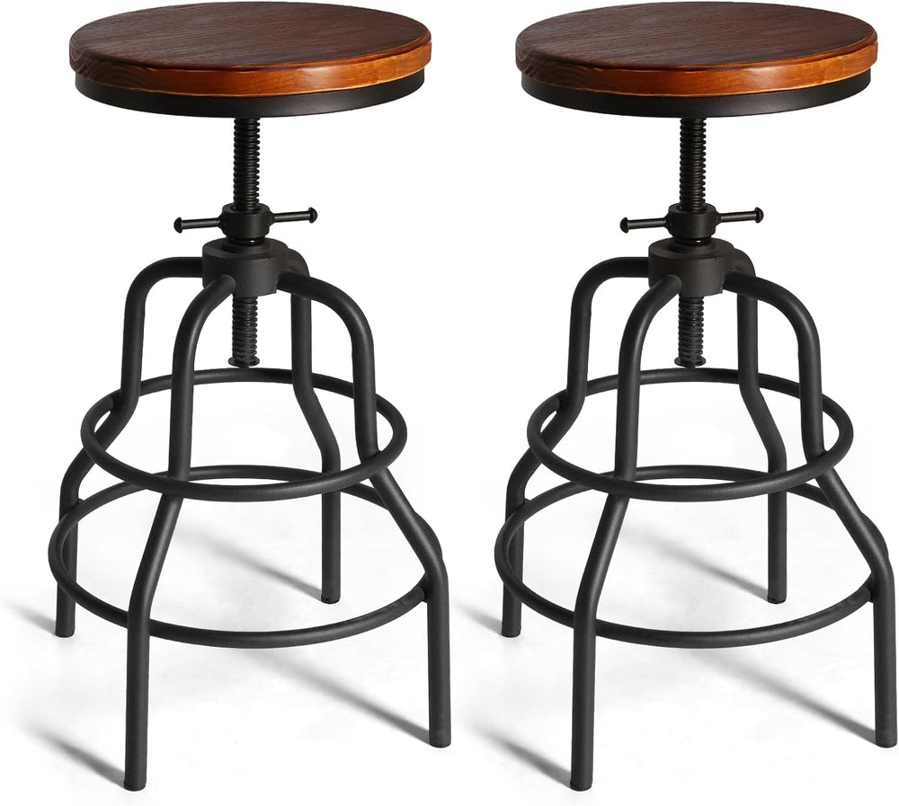 LOKKHAN Vintage Industrial Barstools - 13.8" Dia Round Wooden Brown Seat...