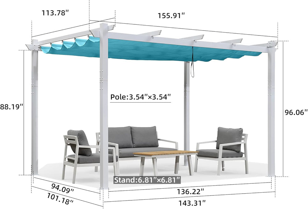 PURPLE LEAF Outdoor Pergola 10' x 13' Retractable Canopy, Turquoise Blue