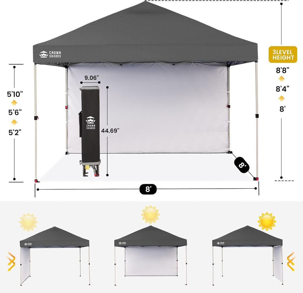 CROWN SHADES 8x8 Pop Up Canopy with 1 Side Wall, Beach Tent, Grid Grey