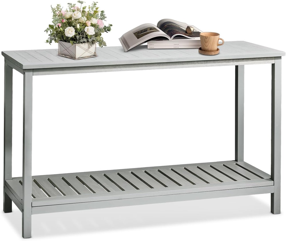 VINGLI 49in Solid Wood Outdoor Console Table, 2-Shelf Wooden Outdoor Accent P...