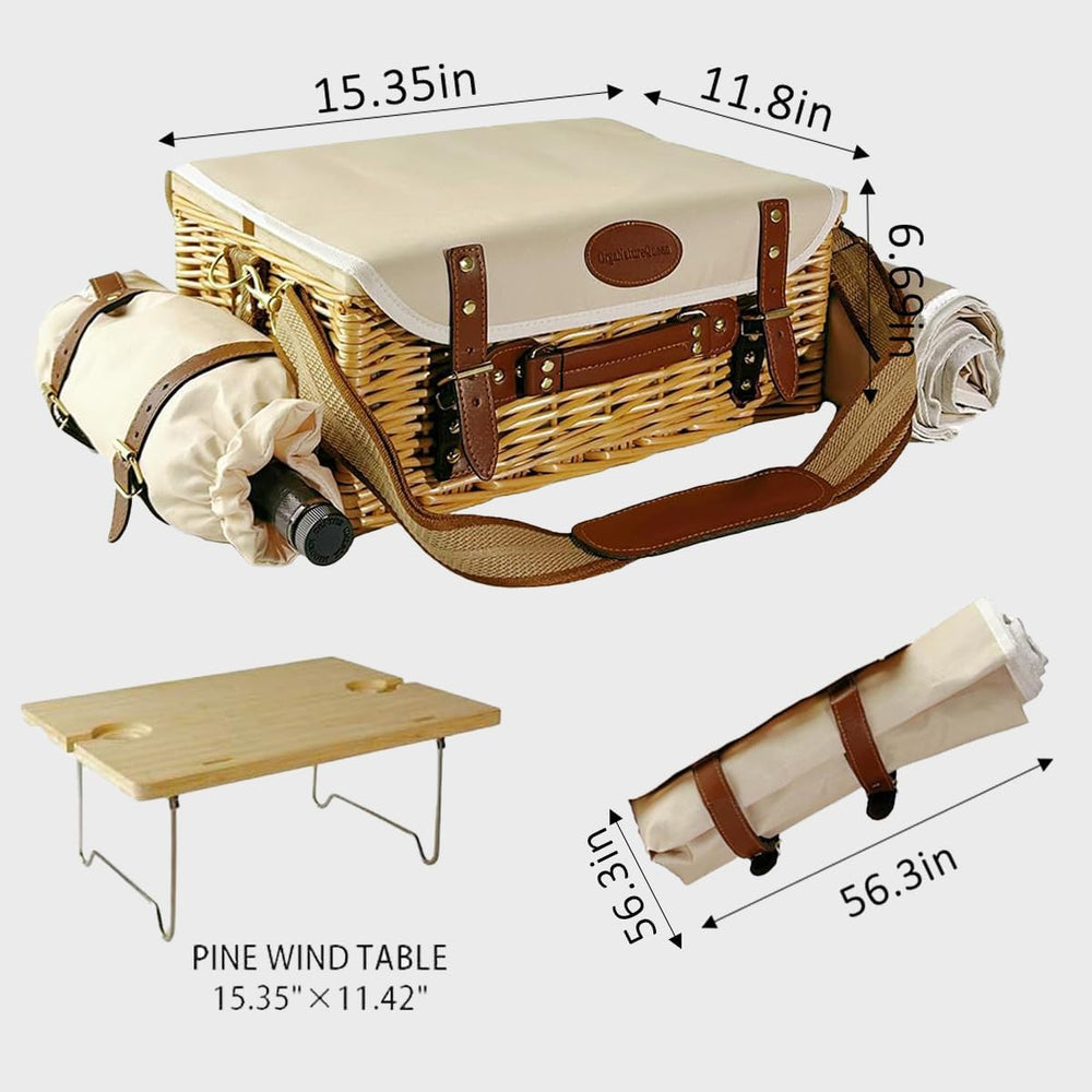 Multifunctional Wicker Picnic Basket Set for 2 Adults with Picnic Table and B...