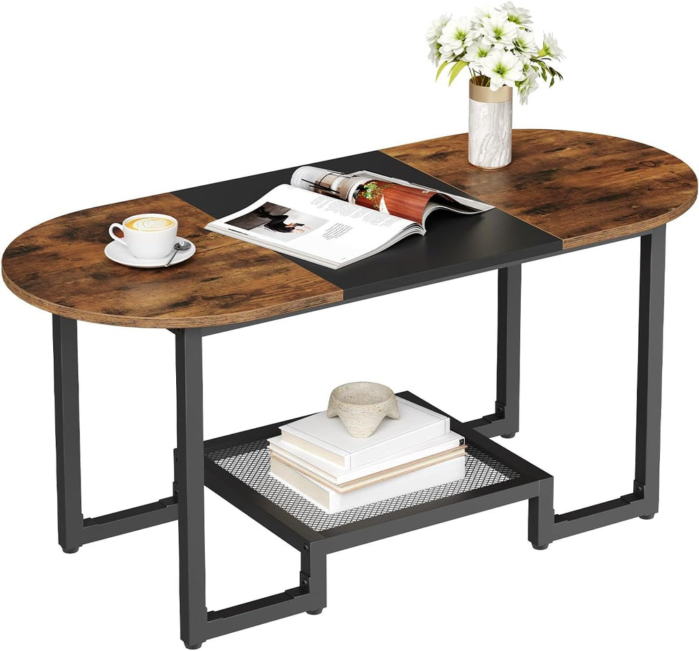 HOOBRO Coffee Table, Oval Small Coffee Table with 2-Tier Storage Shelf, Narro...