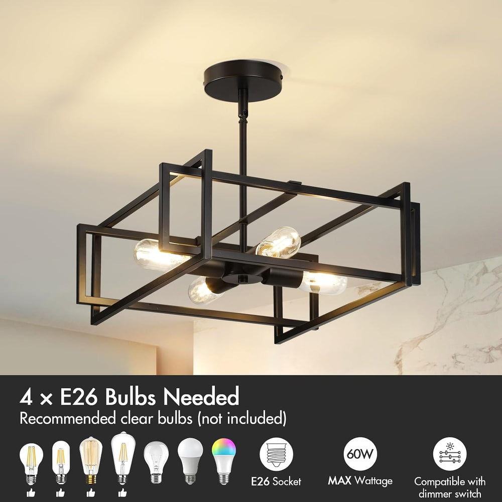Modern Black Semi Flush Mount Ceiling Light Fixture 16.5", 4-Light Indus...