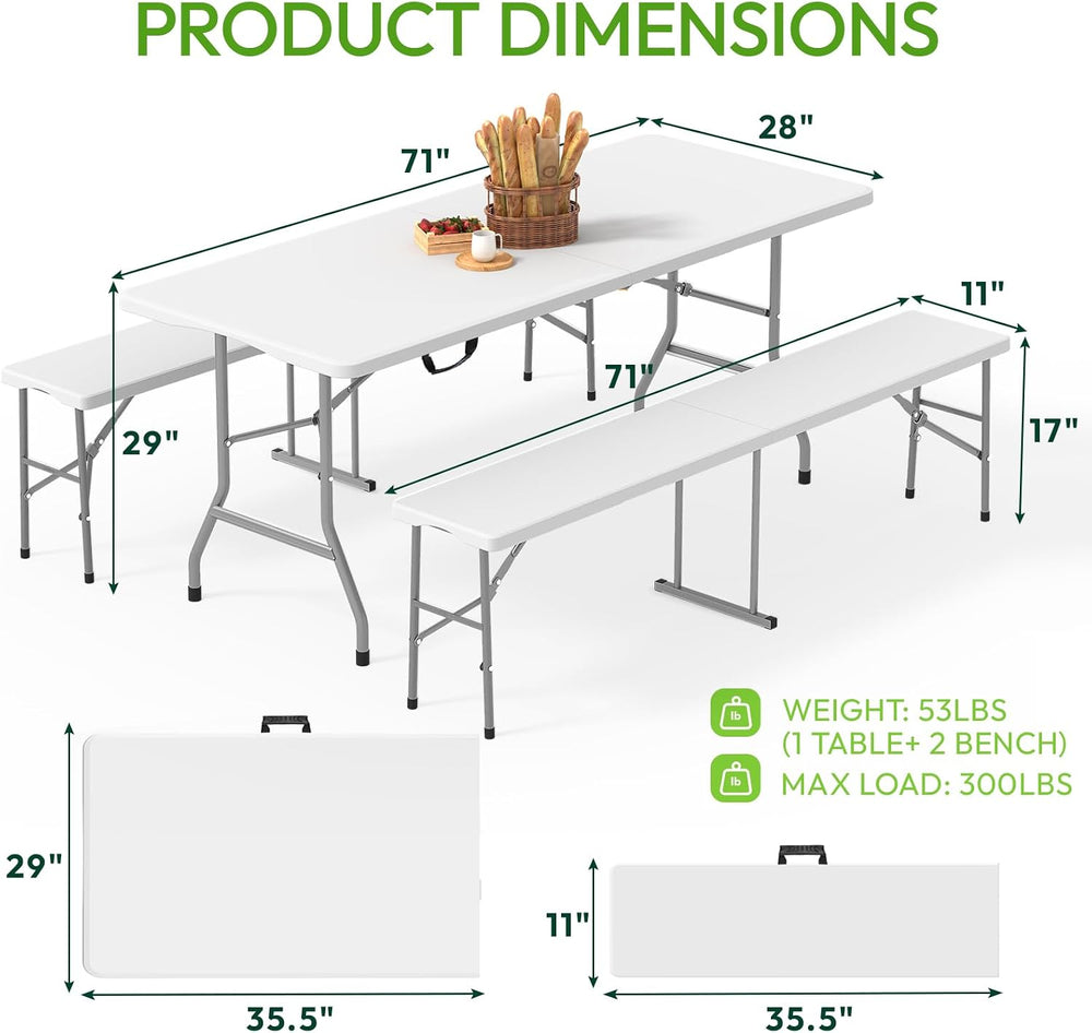 Folding Table Picnic Table Set with 2 Benches, 6 ft Camping Table Chair Set