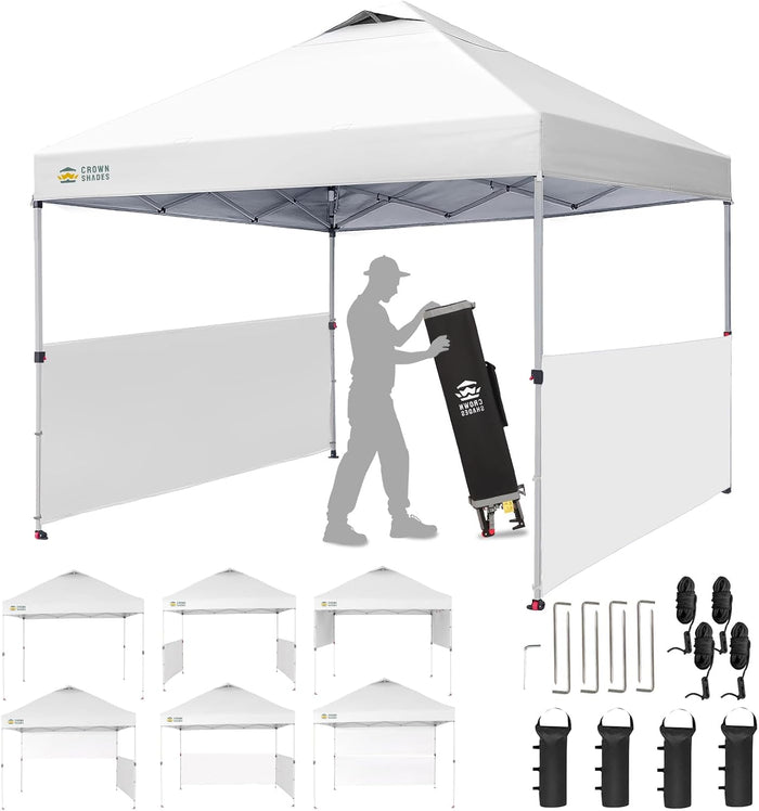 CROWN SHADES 10x10 Pop up Canopy Tent with 2 Half Sidewalls, Grid White