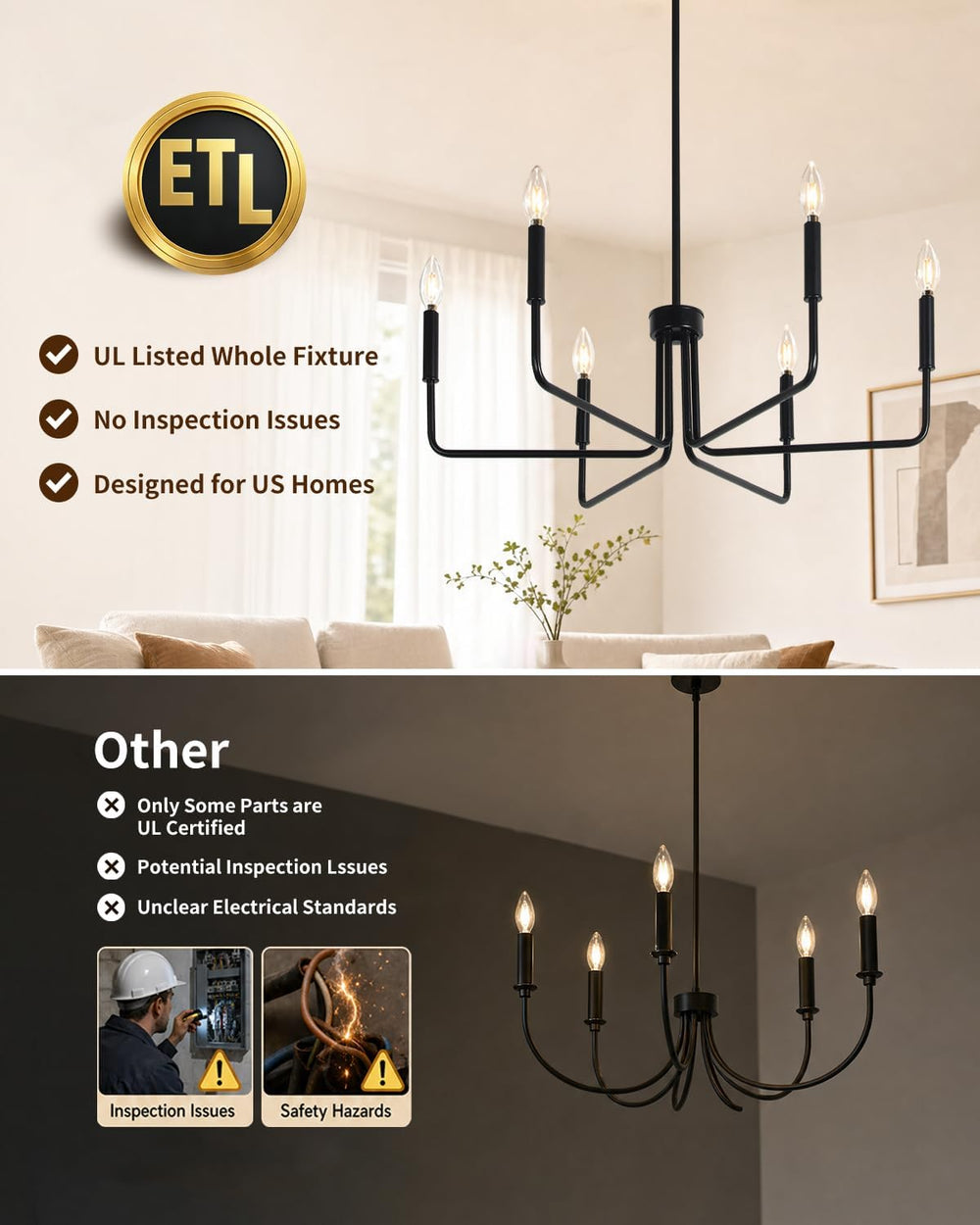 Black Chandelier for Dining Room, Modern 6-Light Farmhouse Chandeliers Lighti...