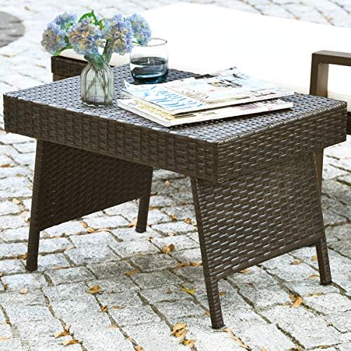 LDAILY Outdoor Side Table, Portable Wicker Coffee Table with Rattan and Steel...