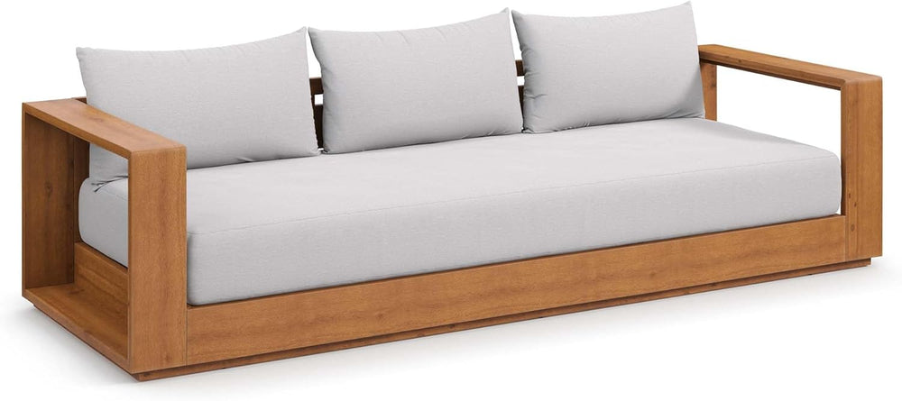 Modway Tahoe Acacia Wood Outdoor Patio Sofa in Natural Light Gray with Weathe...