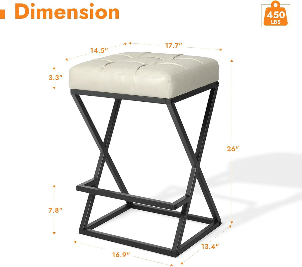 Bar Stools Set of 2, 26 Inch Counter Height Faux Leather Cream White