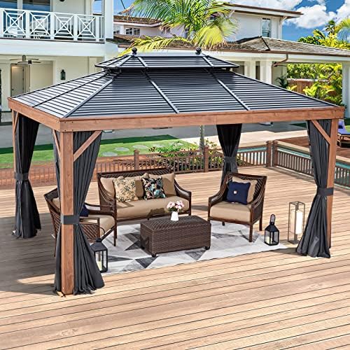YOLENY 10' x 13' Hardtop Gazebo Faux Wood Grain with Aluminum Frame, ...
