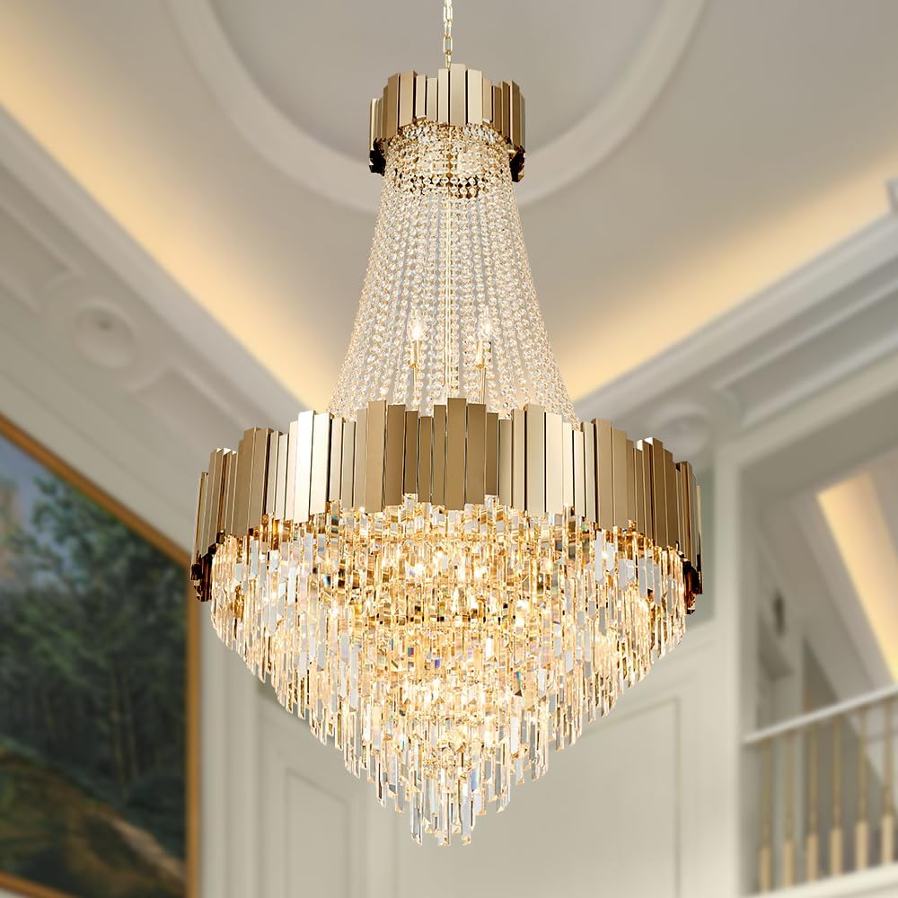 Crystal Chandeliers for High Ceilings 27-Light Modern Chandelier Large Gold C...